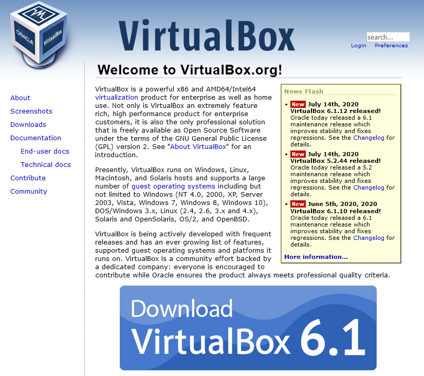Virtual Box web page